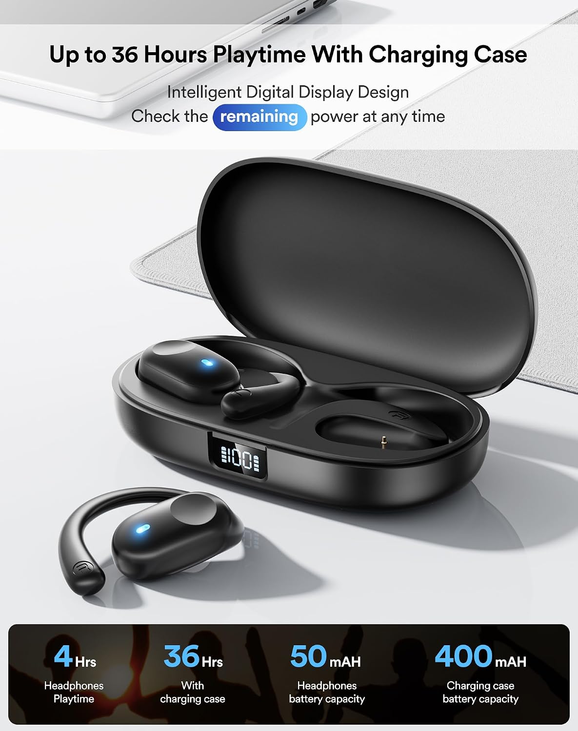 Open Ear Headphones, Bluetooth Headphones 5.3 Sports with Smart Digital Display, 36H Playtime, IP54 Waterproof, Wireless Earbuds Lightweight Design Fit Cycling, Running, Workout (Black)