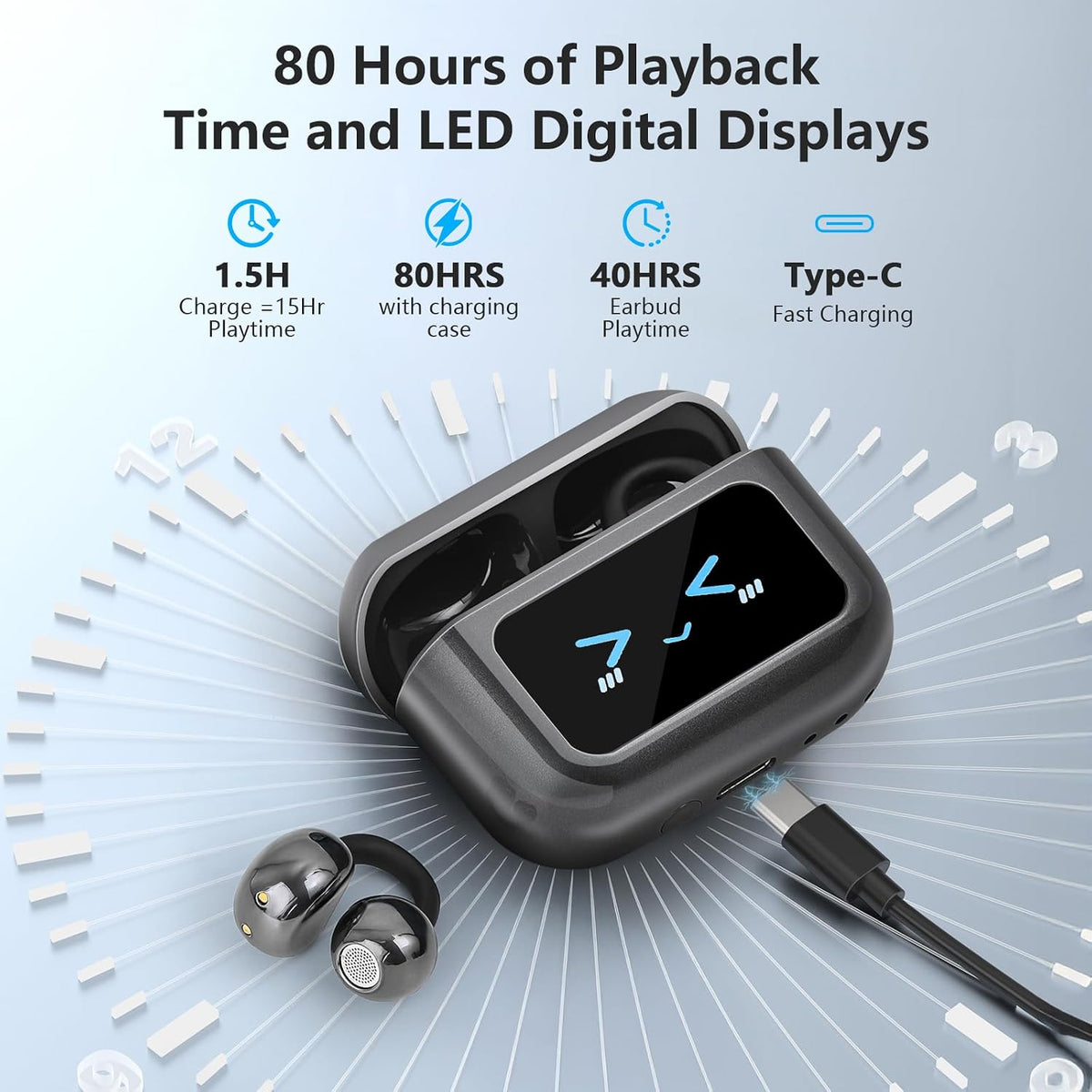 Ultra Open Ear Earbuds,Clip On Headphones with Digital Display Charging Case