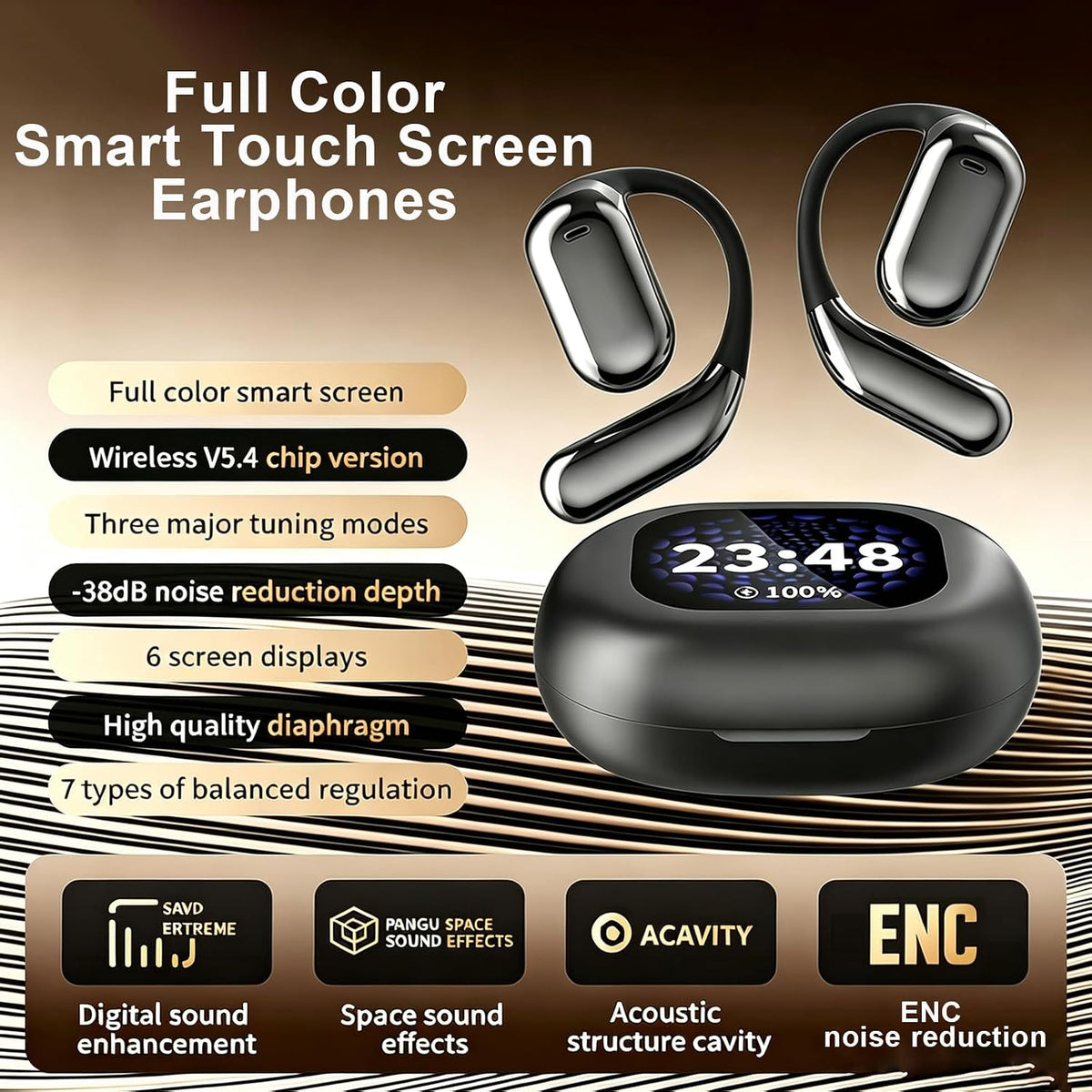 Touchscreen LCD Open Over the Ear Bone Conduction Smart Earbuds Wireless Bluetooth Earphone