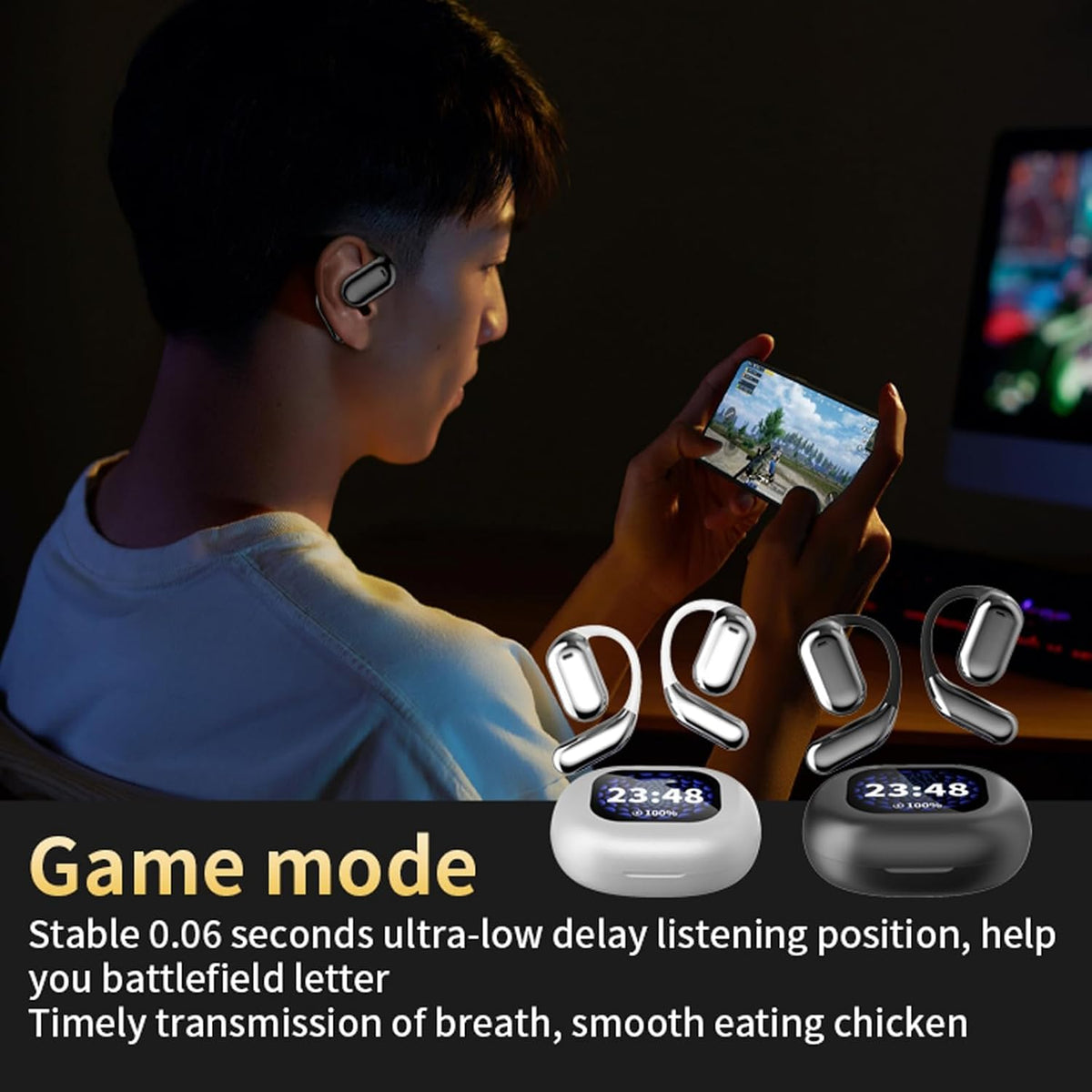 Touchscreen LCD Open Over the Ear Bone Conduction Smart Earbuds Wireless Bluetooth Earphone