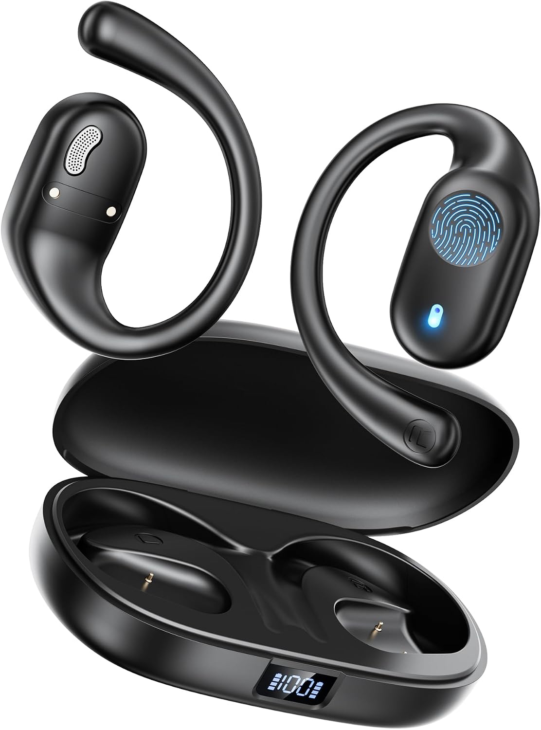 Open Ear Headphones, Bluetooth Headphones 5.3 Sports with Smart Digital Display, 36H Playtime, IP54 Waterproof, Wireless Earbuds Lightweight Design Fit Cycling, Running, Workout (Black)