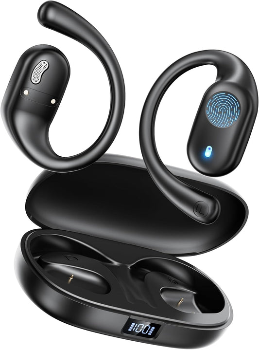 Open Ear Headphones, Bluetooth Headphones 5.3 Sports with Smart Digital Display, 36H Playtime, IP54 Waterproof, Wireless Earbuds Lightweight Design Fit Cycling, Running, Workout (Black)