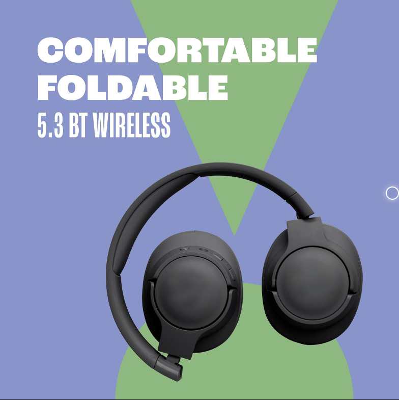Wireless Over-Ear Headphones with JBL Pure Bass Sound, Bluetooth 5.3, Up to 76H Battery Life and Speed Charge, Lightweight, Comfortable and Foldable Design